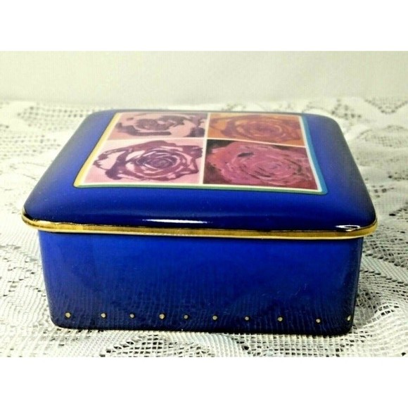 VTG Goebel Trinket Covered Dish Cobalt Blue Floral Rose Colleague "Mara" - Picture 2 of 7